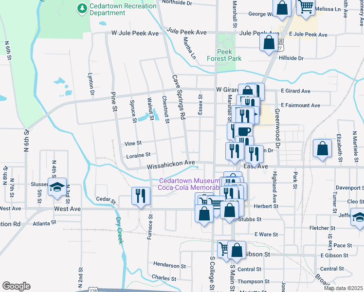 map of restaurants, bars, coffee shops, grocery stores, and more near 133 North Cave Spring Street in Cedartown