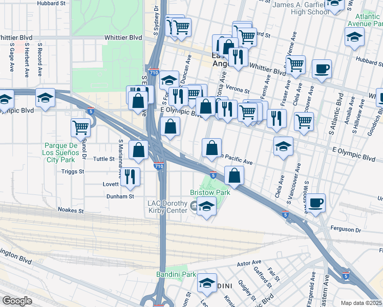 map of restaurants, bars, coffee shops, grocery stores, and more near 4661 Telegraph Road in East Los Angeles