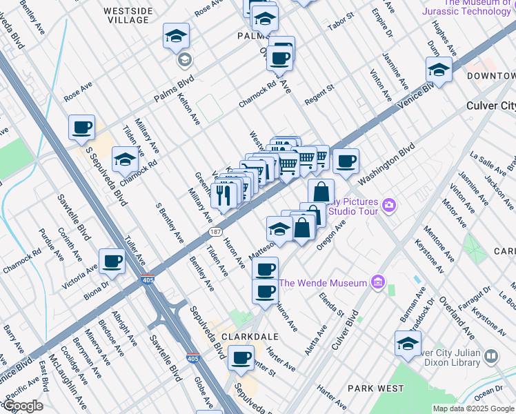 map of restaurants, bars, coffee shops, grocery stores, and more near 3806 College Avenue in Culver City