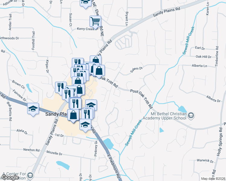 map of restaurants, bars, coffee shops, grocery stores, and more near 2206 Concord Square Drive Northeast in Marietta