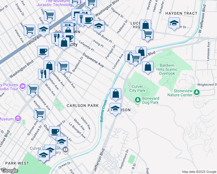 map of restaurants, bars, coffee shops, grocery stores, and more near 4299 Madison Avenue in Culver City