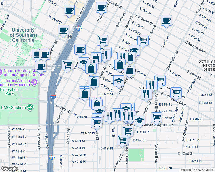 map of restaurants, bars, coffee shops, grocery stores, and more near 145 East 36th Place in Los Angeles