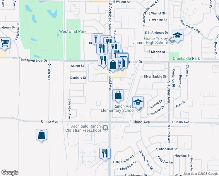 map of restaurants, bars, coffee shops, grocery stores, and more near 3436 South Archibald Avenue in Ontario
