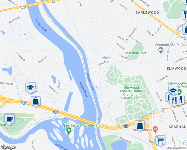 map of restaurants, bars, coffee shops, grocery stores, and more near 211 Northwood Street in Columbia