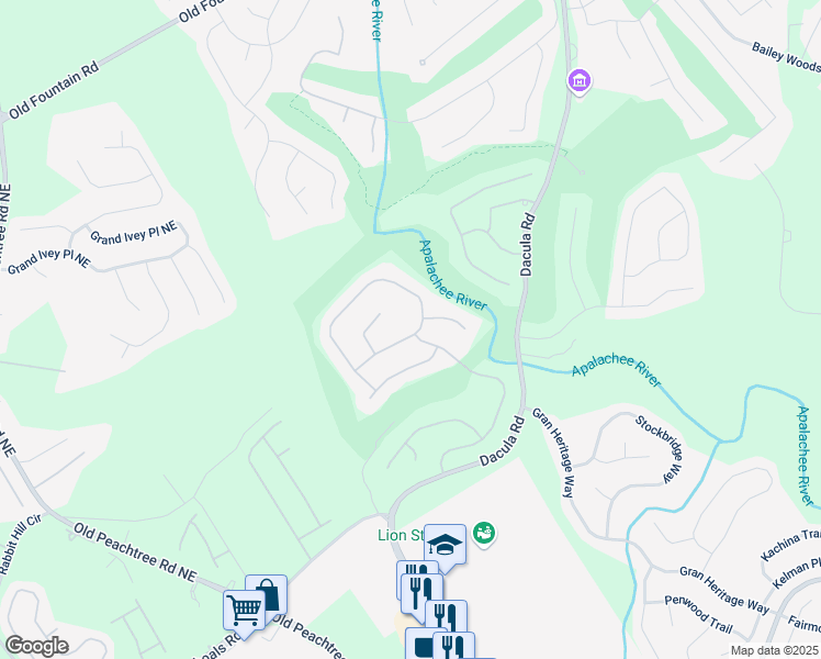 map of restaurants, bars, coffee shops, grocery stores, and more near 2674 Misty Rock Cove in Dacula