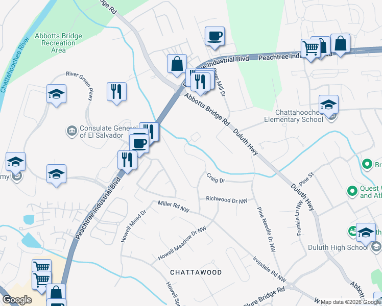 map of restaurants, bars, coffee shops, grocery stores, and more near 4140 Rogers Creek Court in Duluth