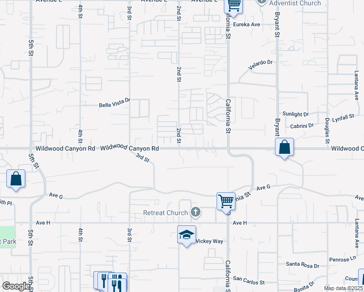 map of restaurants, bars, coffee shops, grocery stores, and more near 34912 Wildwood Canyon Road in Yucaipa