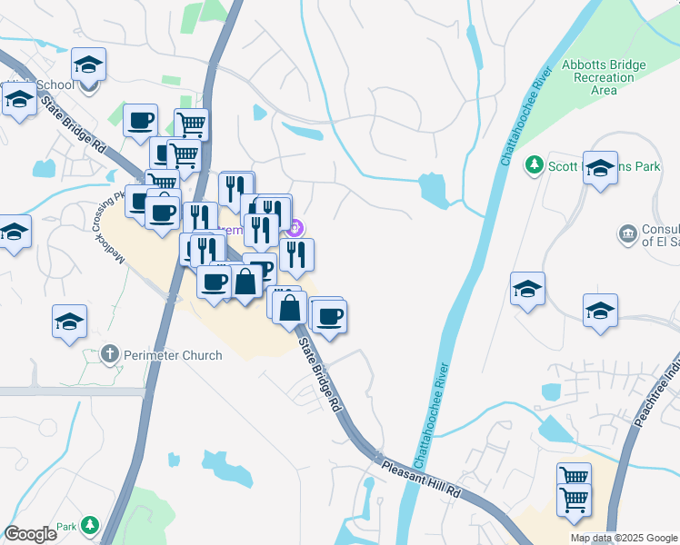 map of restaurants, bars, coffee shops, grocery stores, and more near 6005 State Bridge Road in Johns Creek