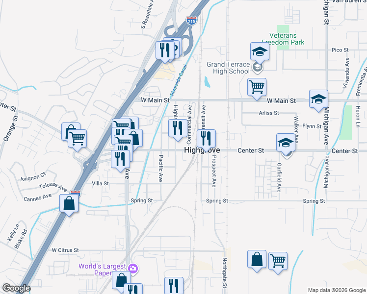 map of restaurants, bars, coffee shops, grocery stores, and more near 1070 Center Street in Riverside