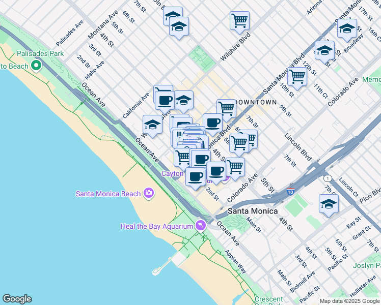 map of restaurants, bars, coffee shops, grocery stores, and more near in Santa Monica