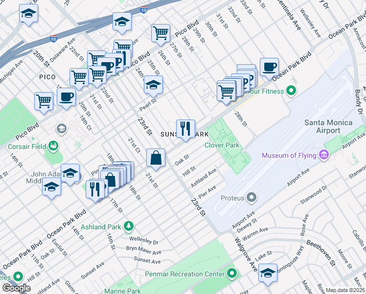 map of restaurants, bars, coffee shops, grocery stores, and more near 2402 Ocean Park Boulevard in Santa Monica