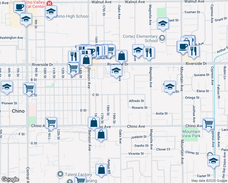 map of restaurants, bars, coffee shops, grocery stores, and more near 5862 C Street in Chino