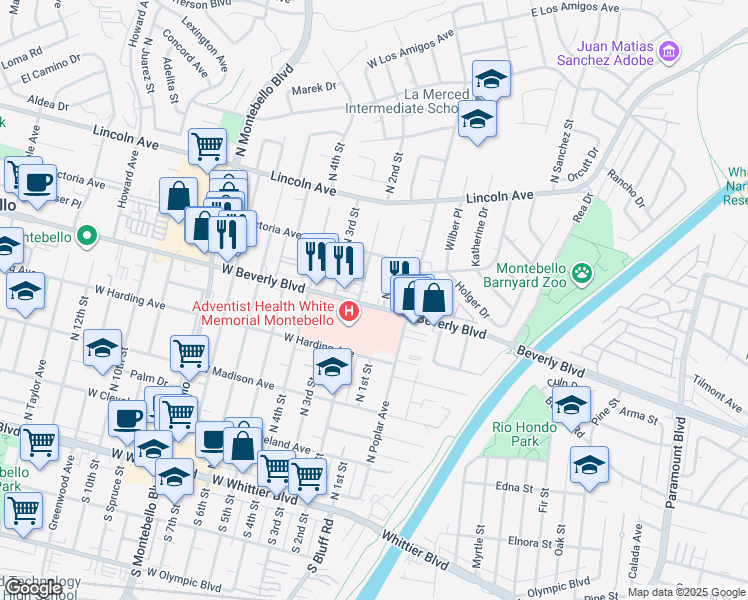 map of restaurants, bars, coffee shops, grocery stores, and more near 111 West Beverly Boulevard in Montebello