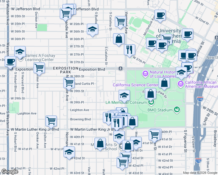 map of restaurants, bars, coffee shops, grocery stores, and more near 1087 West 39th Street in Los Angeles
