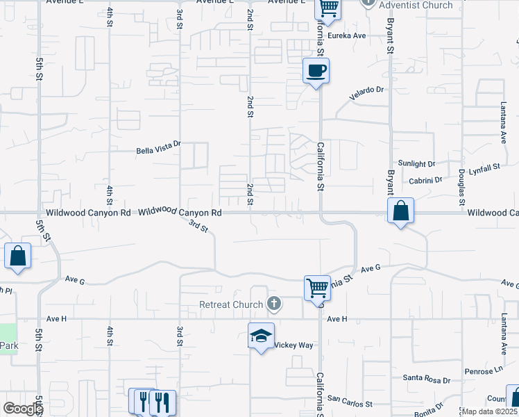map of restaurants, bars, coffee shops, grocery stores, and more near 34924 Wildwood Canyon Road in Yucaipa