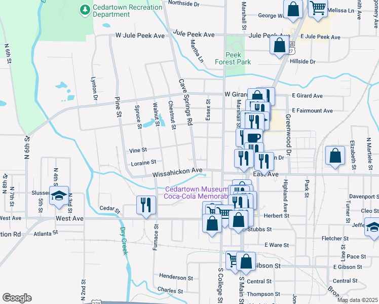 map of restaurants, bars, coffee shops, grocery stores, and more near 133 North Cave Spring Street in Cedartown