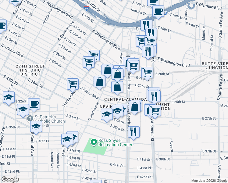 map of restaurants, bars, coffee shops, grocery stores, and more near 1546 East 24th Street in Los Angeles