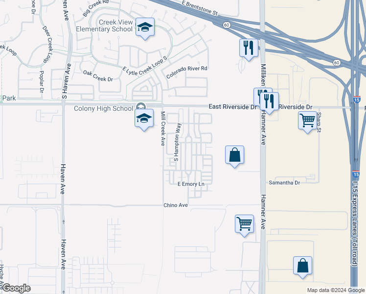 map of restaurants, bars, coffee shops, grocery stores, and more near 3174 South Edenglen Avenue in Ontario