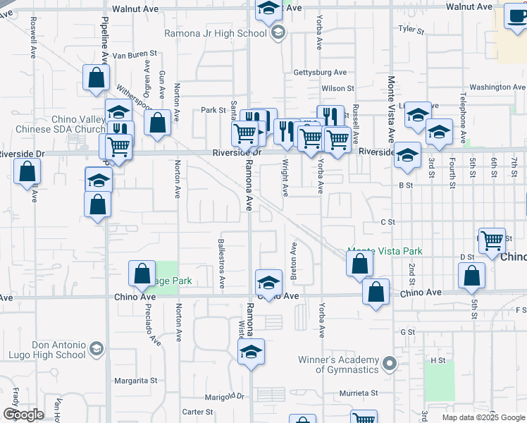 map of restaurants, bars, coffee shops, grocery stores, and more near 4508 Carmen Street in Chino