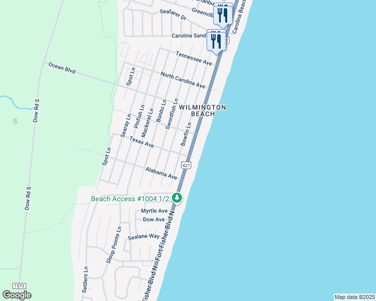 map of restaurants, bars, coffee shops, grocery stores, and more near 1516 South Lake Park Boulevard in Carolina Beach