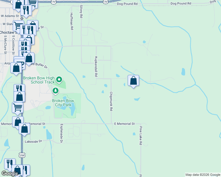 map of restaurants, bars, coffee shops, grocery stores, and more near 1100 Kuykendall Road in Broken Bow
