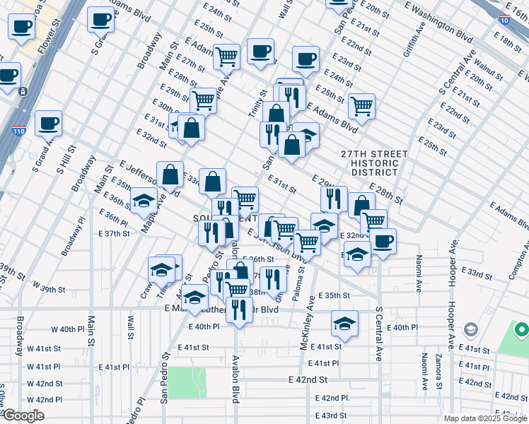 map of restaurants, bars, coffee shops, grocery stores, and more near 749 East 33rd Street in Los Angeles