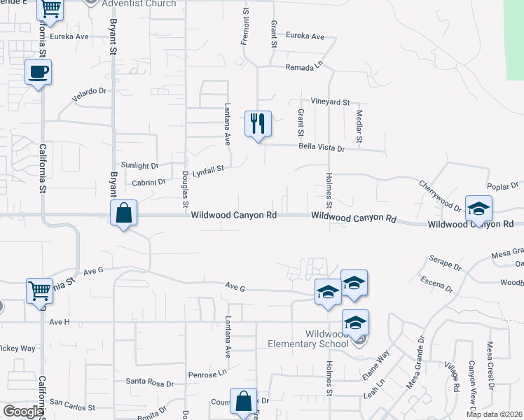 map of restaurants, bars, coffee shops, grocery stores, and more near 35716 Wildwood Canyon Road in Yucaipa