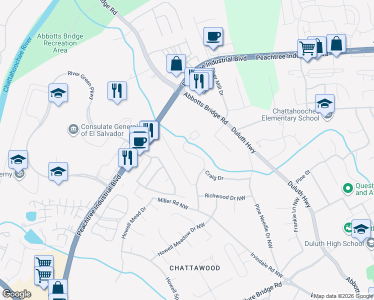 map of restaurants, bars, coffee shops, grocery stores, and more near 4173 Rogers Creek Court in Duluth
