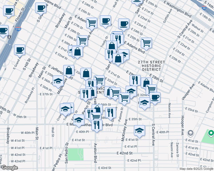map of restaurants, bars, coffee shops, grocery stores, and more near 749 East 33rd Street in Los Angeles