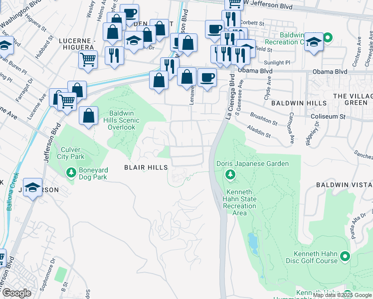 map of restaurants, bars, coffee shops, grocery stores, and more near 5926 Wrightcrest Drive in Culver City