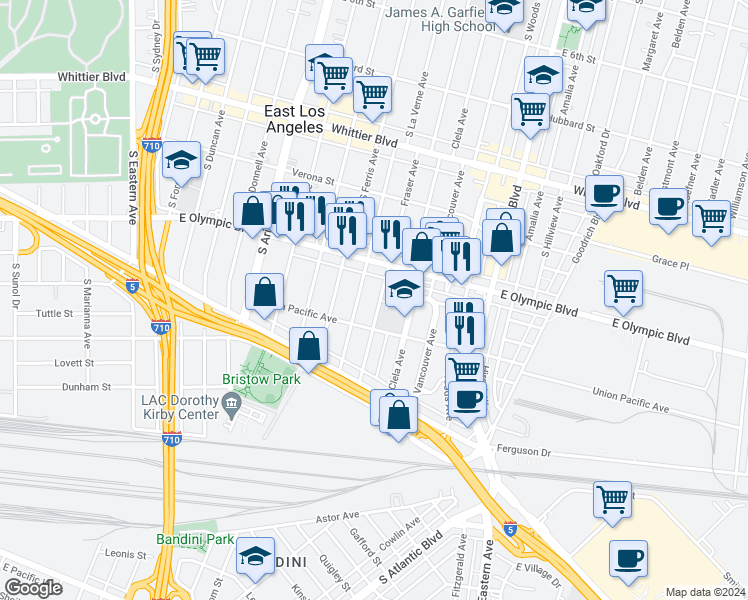 map of restaurants, bars, coffee shops, grocery stores, and more near 1251 Fraser Avenue in Los Angeles