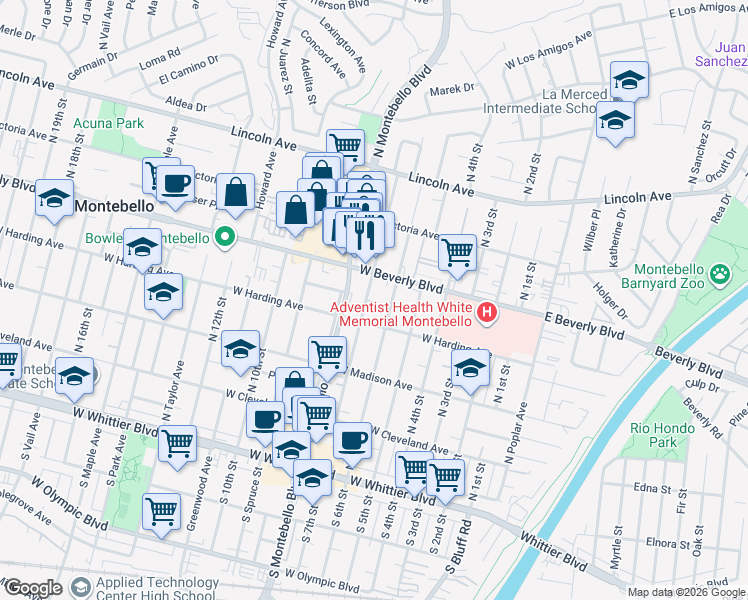 map of restaurants, bars, coffee shops, grocery stores, and more near 420 North 7th Street in Montebello