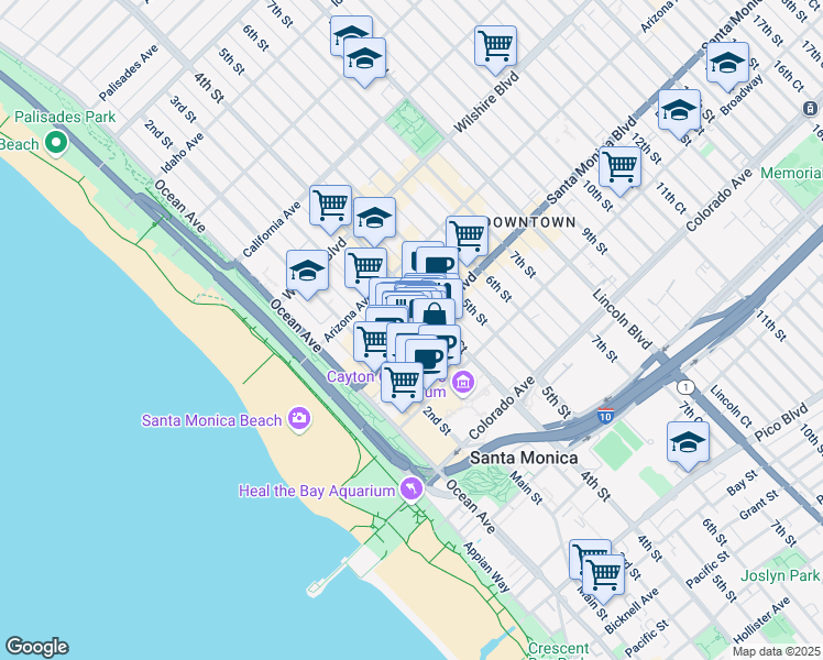 map of restaurants, bars, coffee shops, grocery stores, and more near in Santa Monica