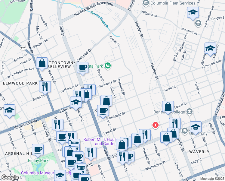 map of restaurants, bars, coffee shops, grocery stores, and more near 21 Townpark Circle in Columbia