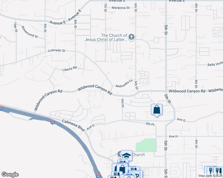 map of restaurants, bars, coffee shops, grocery stores, and more near 33909 Wildwood Canyon Road in Yucaipa