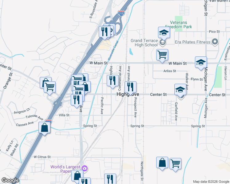 map of restaurants, bars, coffee shops, grocery stores, and more near 1070 Center Street in Riverside