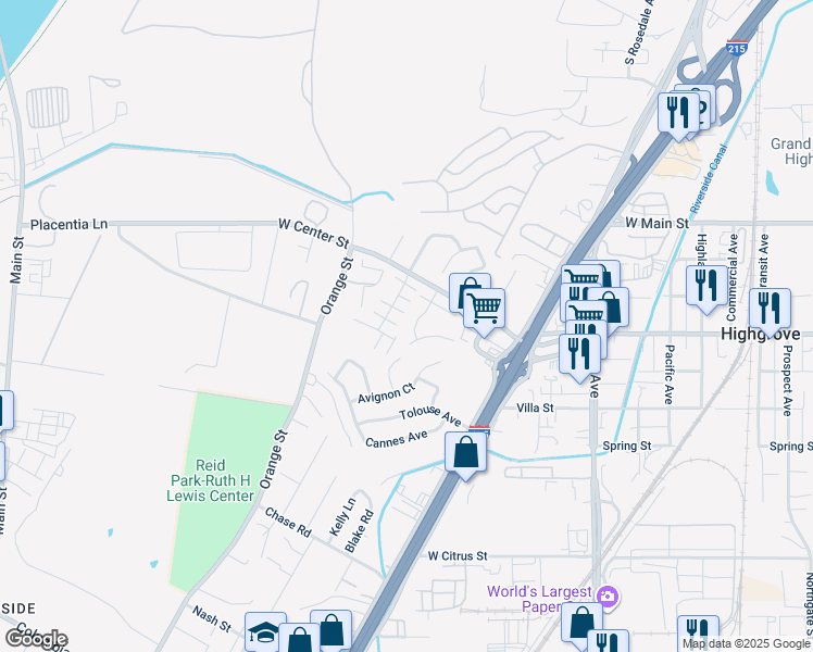 map of restaurants, bars, coffee shops, grocery stores, and more near 391 Claire Street in Riverside