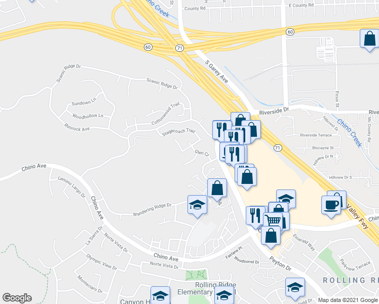 map of restaurants, bars, coffee shops, grocery stores, and more near 91 Le Parc Boulevard in Chino Hills