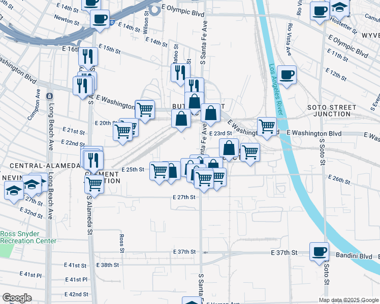 map of restaurants, bars, coffee shops, grocery stores, and more near 2145 E 25th St in Vernon