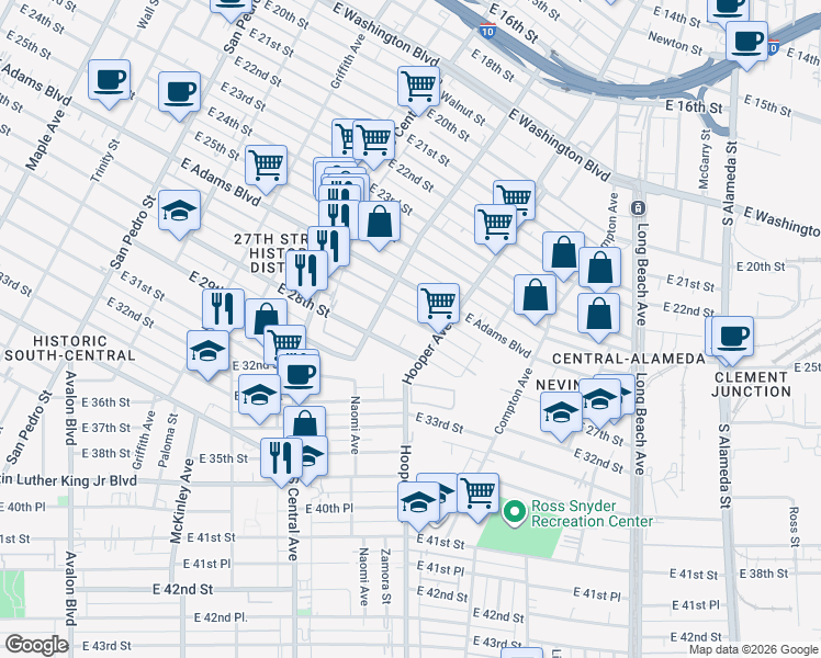 map of restaurants, bars, coffee shops, grocery stores, and more near 1235 East 28th Street in Los Angeles