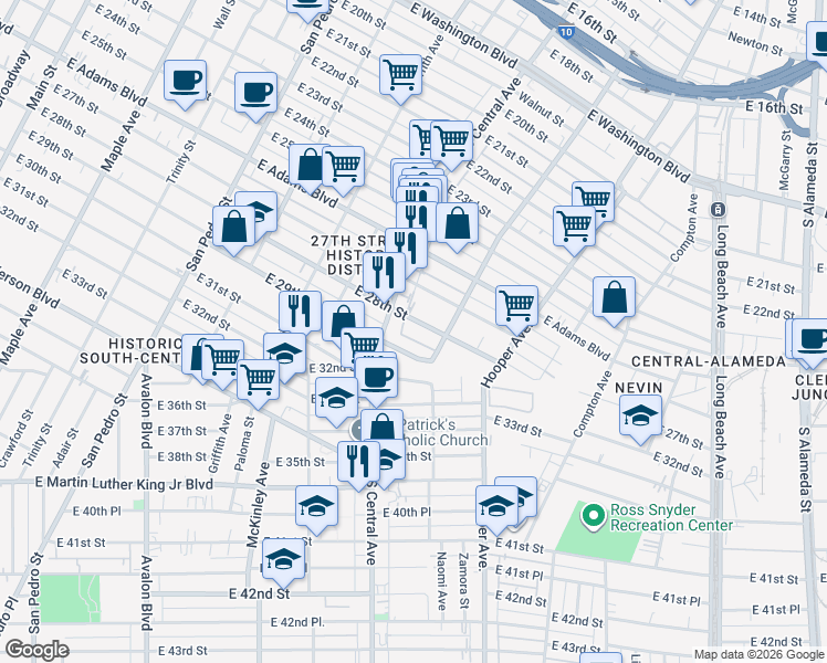 map of restaurants, bars, coffee shops, grocery stores, and more near 1117 East 29th Street in Los Angeles