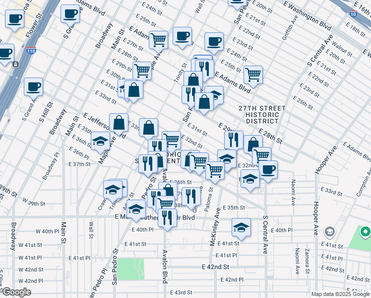 map of restaurants, bars, coffee shops, grocery stores, and more near 749 East 33rd Street in Los Angeles