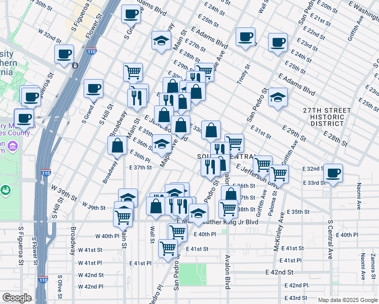map of restaurants, bars, coffee shops, grocery stores, and more near 336 East 35th Street in Los Angeles