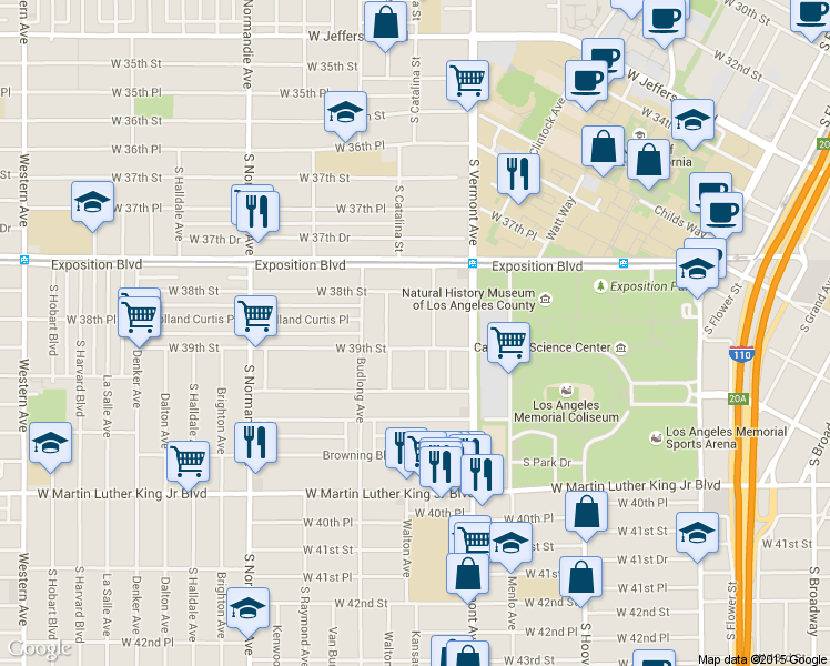 map of restaurants, bars, coffee shops, grocery stores, and more near 1103 West 39th Street in Los Angeles