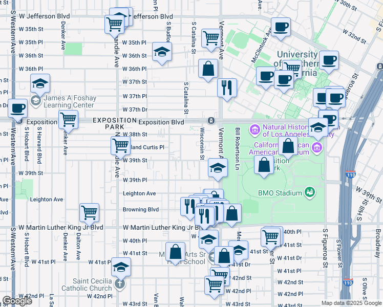 map of restaurants, bars, coffee shops, grocery stores, and more near 1103 West 39th Street in Los Angeles