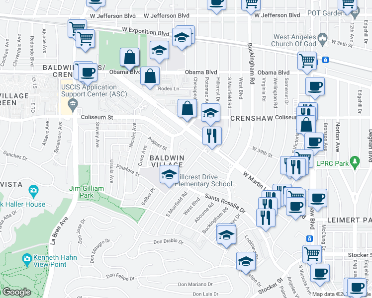 map of restaurants, bars, coffee shops, grocery stores, and more near 3937 Hillcrest Drive in Los Angeles