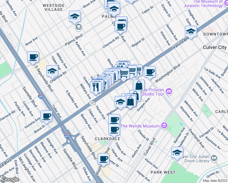 map of restaurants, bars, coffee shops, grocery stores, and more near 3815 College Avenue in Culver City