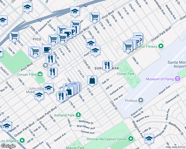 map of restaurants, bars, coffee shops, grocery stores, and more near 2217 Ocean Park Place North in Santa Monica