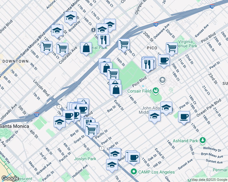 map of restaurants, bars, coffee shops, grocery stores, and more near in Santa Monica