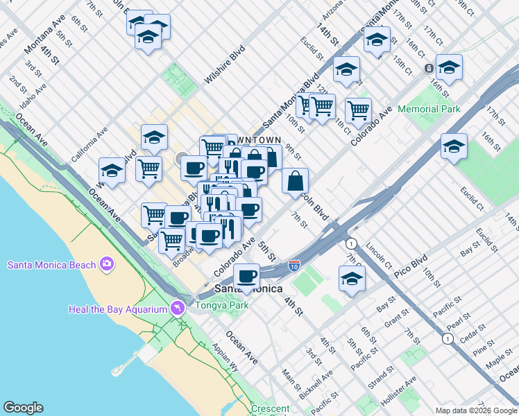 map of restaurants, bars, coffee shops, grocery stores, and more near 1540 6th Street in Santa Monica